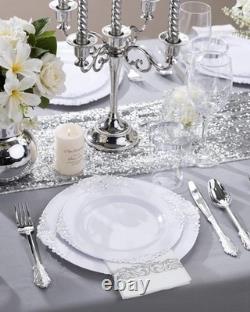 350pc White Silver Plastic Plates & Silverware Baroque Elegance, Disposable