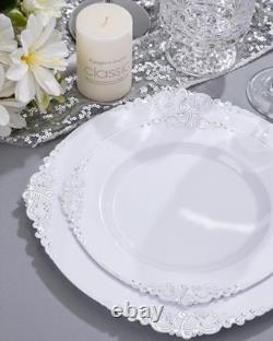 350pc White Silver Plastic Plates & Silverware Baroque Elegance, Disposable
