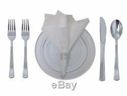 360 Piece Disposable Plastic Wedding Tableware Dinnerware Set. Silver Rimmed