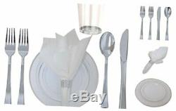 360 Piece Disposable Plastic Wedding Tableware Dinnerware Set. Silver Rimmed Din