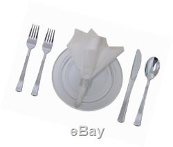 360 Piece Disposable Plastic Wedding Tableware Dinnerware Set. Silver Rimmed Din