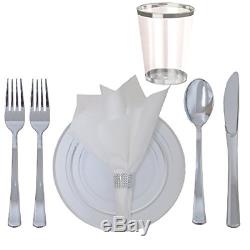 360 Piece Disposable Plastic Wedding Tableware Dinnerware Set. Silver Rimmed and
