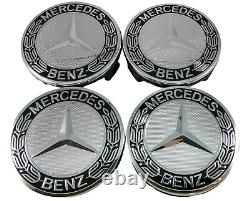 4PC Mercedes-Benz Silver & Black 75Mm Wheel Rim Center Hub Caps Amg Wreath