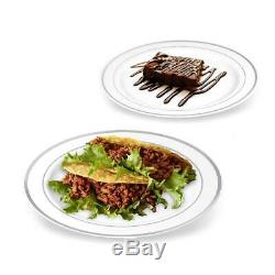 50 Disposable White Silver Rimmed Heavy Duty Plastic Plates 25 Dinner and
