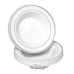 50 Disposable White Silver Rimmed Plastic Soup Bowls 14 oz. Premium Heavy