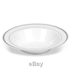 50 Disposable White Silver Rimmed Plastic Soup Bowls 14 oz. Premium Heavy