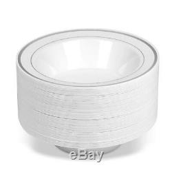 50 Disposable White Silver Rimmed Plastic Soup Bowls 14 oz. Premium Heavy