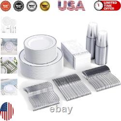 50 Guest Silver Rimmed Plastic Plates, Cups & Cutlery Hassle-Free Dining