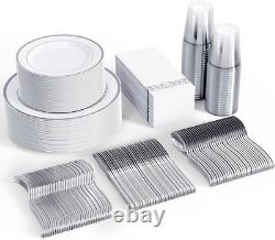 50 Guest Silver Rimmed Plastic Plates, Cups & Cutlery Hassle-Free Dining