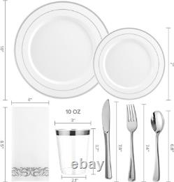50 Guest Silver Rimmed Plastic Plates, Cups & Cutlery Hassle-Free Dining