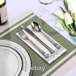 50 Guest Silver Rimmed Plastic Plates, Cups & Cutlery Hassle-Free Dining
