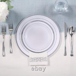 50 Guest Silver Rimmed Plastic Plates, Cups & Cutlery Hassle-Free Dining