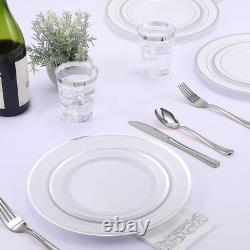 50 Guest Silver Rimmed Plastic Plates, Cups & Cutlery Hassle-Free Dining