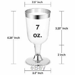 50 Pack SILVER Rimmed Disposable Wine Glasses 7 OZ Premium Clear Hard Plastic Fa