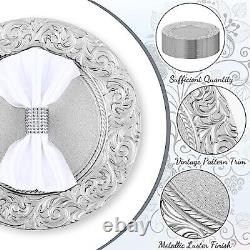 50 Pcs Antique Charger Plates Bulk 13 Inch Embossed Rim Plastic Silver White