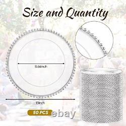 50 Pcs Clear Charger Plates 13 Inch Plastic Round Dinner Plates with Beaded