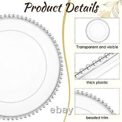 50 Pcs Clear Charger Plates 13 Inch Plastic Round Dinner Plates with Beaded