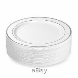 50 Plastic Disposable Dinner Plates 10.25 inches White with Silver Rim Real Ch