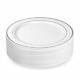 50 Plastic Disposable Dinner Plates 10.25 Inches White With Silver Rim Real Ch