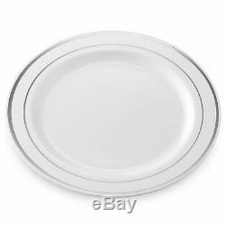 50 Plastic Disposable Dinner Plates 10.25 inches White with Silver Rim Real Ch