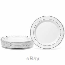 50 Plastic Disposable Dinner Plates 10.25 inches White with Silver Rim Real Ch