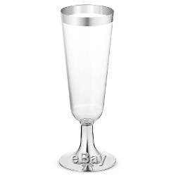 50 Plastic Silver Rimmed Champagne Flutes 5.5 oz. Clear Hard Disposable Party