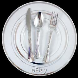 60 People Dinner Wedding Disposable Plastic Plates Silverware Silver Rim Party