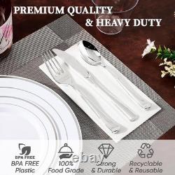 600 Ct Dinnerware Set for 100 Guests Silver Rimmed Disposable Plastic Plates