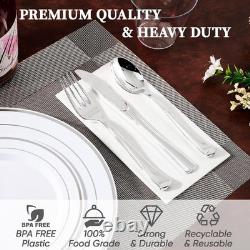 600 Ct Silver Dinnerware Set 100 Guests Silver Rimmed Disposable Plastic Plates