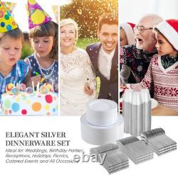 600 Ct Silver Dinnerware Set 100 Guests Silver Rimmed Disposable Plastic Plates