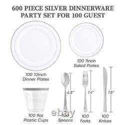 600 Ct Silver Dinnerware Set for 100 Guests Silver Rimmed White Disposable