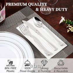 600 Ct Silver Dinnerware Set for 100 Guests Silver Rimmed White Disposable
