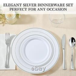 600 Ct Silver Dinnerware Set for 100 Guests Silver Rimmed White Disposable