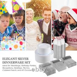 600 Ct Silver Dinnerware Set for 100 Guests Silver Rimmed White Disposable