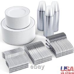 600 Ct Silver Rimmed Disposable Dinnerware Set 100 Guests Wedding Parties White