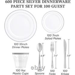 600 Ct Silver Rimmed Disposable Dinnerware Set 100 Guests Wedding Parties White