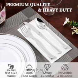 600 Ct Silver Rimmed Disposable Dinnerware Set 100 Guests Wedding Parties White