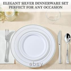 600 Ct Silver Rimmed Disposable Dinnerware Set 100 Guests Wedding Parties White