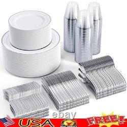 600 Ct Silver Rimmed Disposable Dinnerware Set 100 Guests Wedding Party New