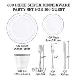 600 Piece 100 Guests, Disposable Silver Rim Plates, 100 Silver Dinnerware Set