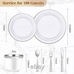 600 Piece Elegant Disposable Dinnerware Set 100 Guests Heavy Duty Plates Cutlery