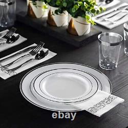 600 Piece Silver Dinnerware Set -100 Rim 10 inch Plastic Plates Silverware