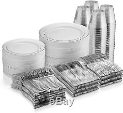 600 Piece Silver Dinnerware Set -100 Silver Rim 10 Inch Plastic Plates 100 Silve