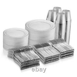 600 Piece Silver Dinnerware Set -100 Silver Rim 10 inch Plastic Plates 100
