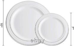 600 Piece Silver Dinnerware Set -100 Silver Rim 10 inch Plastic Plates 100