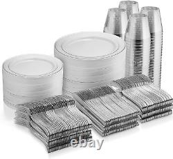 600 Piece Silver Dinnerware Set -100 Silver Rim 10 inch Plastic Plates 100 Rim 7