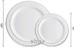 600 Piece Silver Dinnerware Set -100 Silver Rim 10 inch Plastic Plates 100 Rim 7