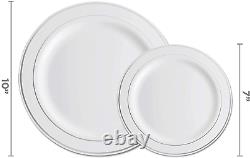 600 Piece Silver Dinnerware Set -100 Silver Rim 10 inch Plastic Plates 100 Rim 7