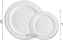 600 Piece Silver Dinnerware Set -100 Silver Rim 10 inch Plastic Plates 100 Rim 7