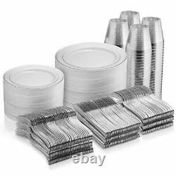 600 Piece Silver Dinnerware Set -100 Silver Rim 10 inch Plastic Plates 100 Si